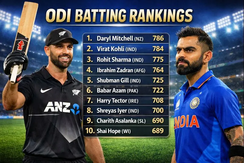 ODI batting rankings graphic showing Daryl Mitchell at number one position with points, followed by Virat Kohli and other top ten batsmen